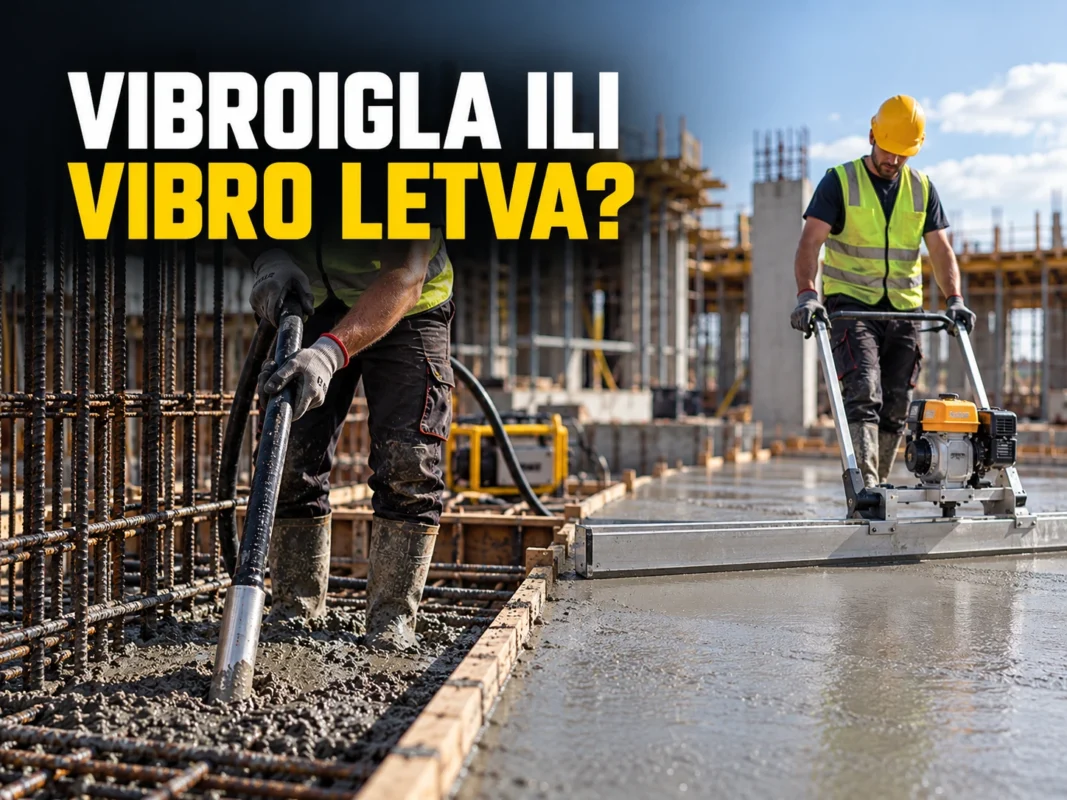 Uporedni prikaz rada vibroiglom i vibro letvom tokom ugradnje i ravnanja svežeg betona.