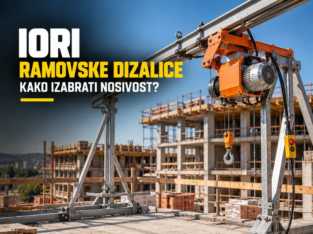 Ilustracija ramovske građevinske dizalice sa šinskim sistemom za vertikalni transport materijala na gradilištu.