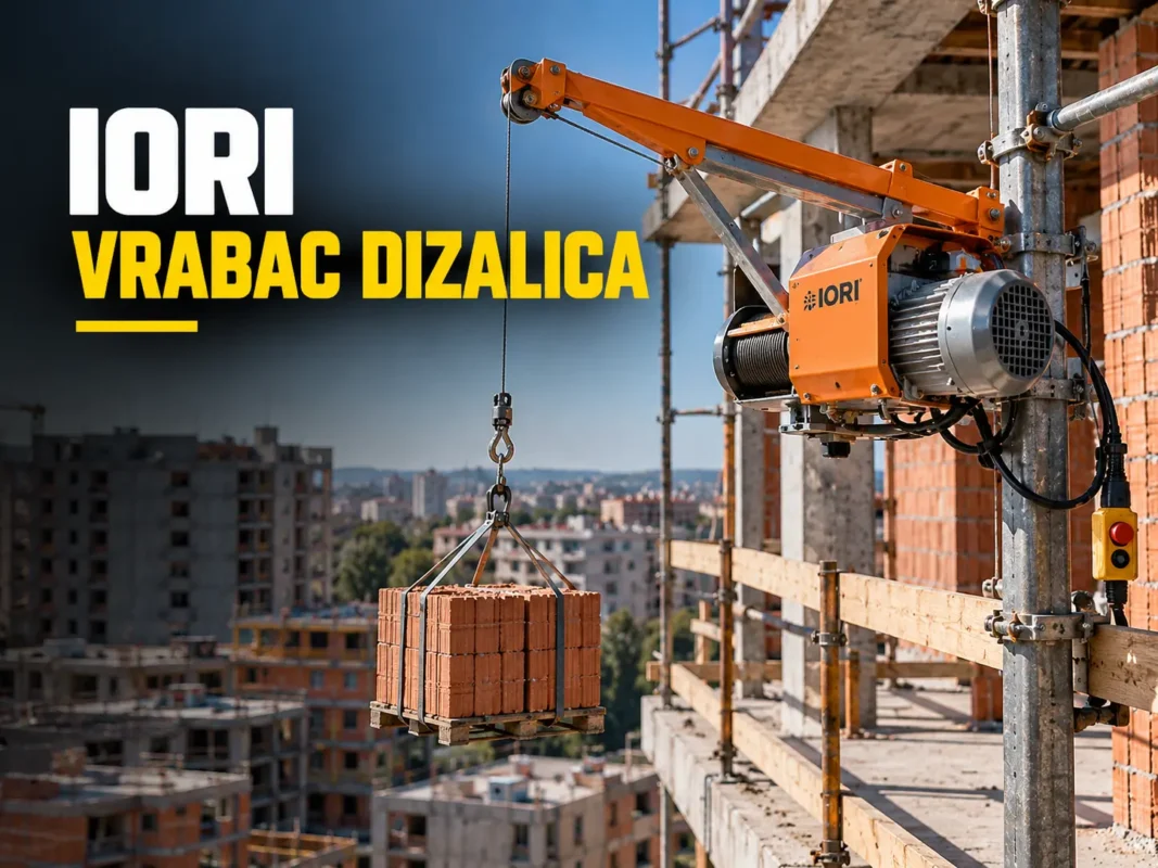 Ilustracija konzolne IORI vrabac dizalice tokom podizanja građevinskog materijala na gradilištu.