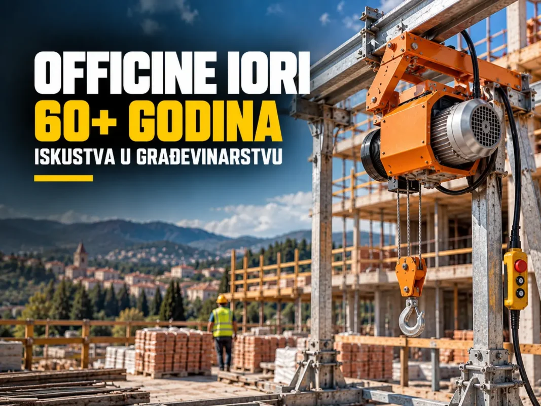 Ilustracija električne građevinske dizalice na gradilištu uz naslov o više od 60 godina iskustva kompanije Officine IORI.