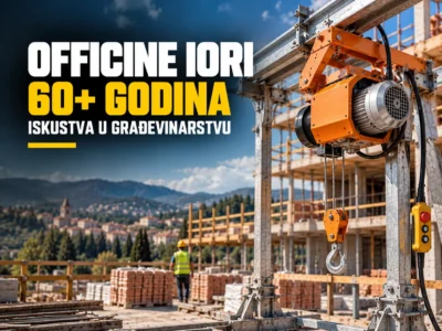 Ilustracija električne građevinske dizalice na gradilištu uz naslov o više od 60 godina iskustva kompanije Officine IORI.