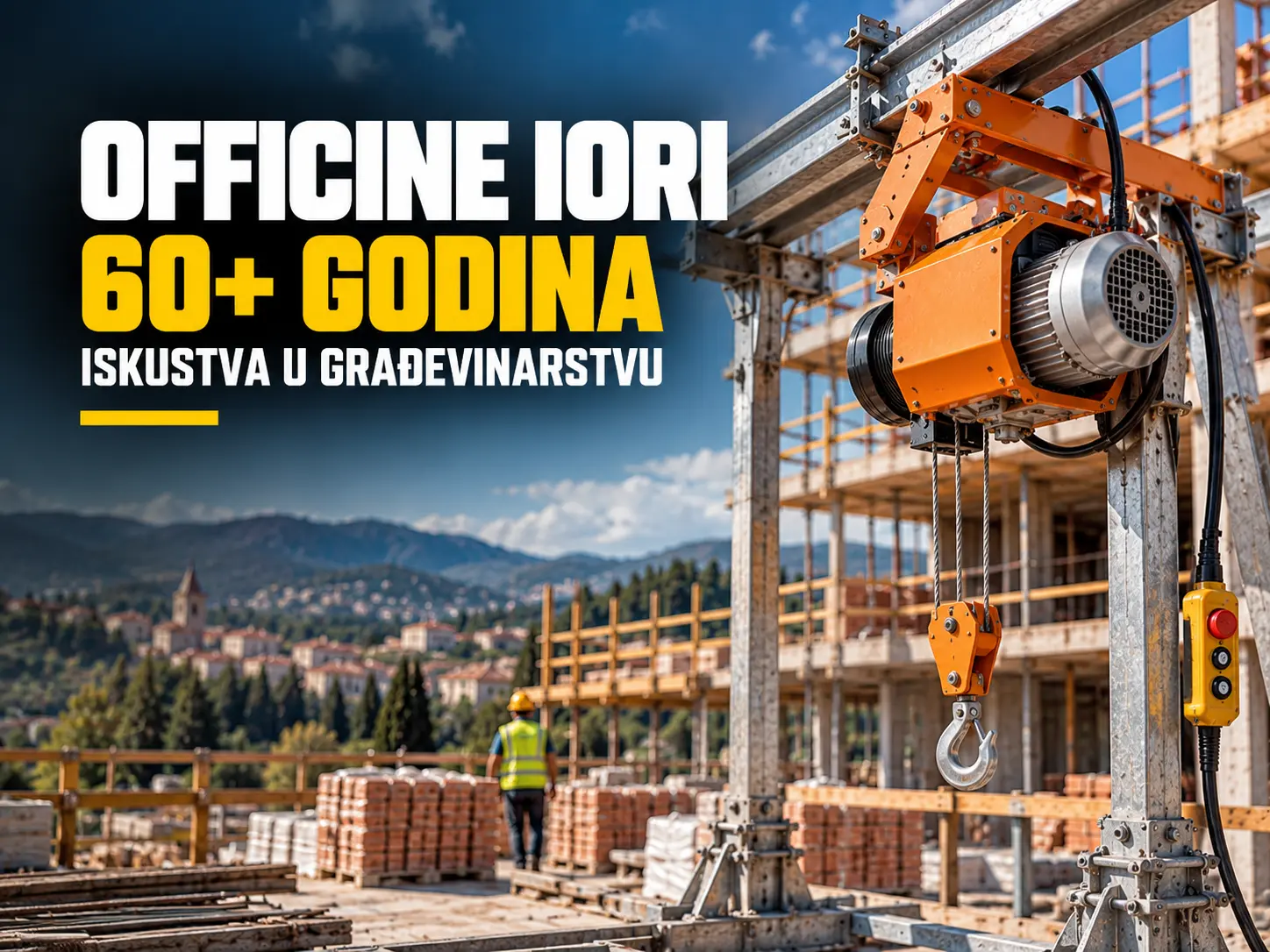 Ilustracija električne građevinske dizalice na gradilištu uz naslov o više od 60 godina iskustva kompanije Officine IORI.