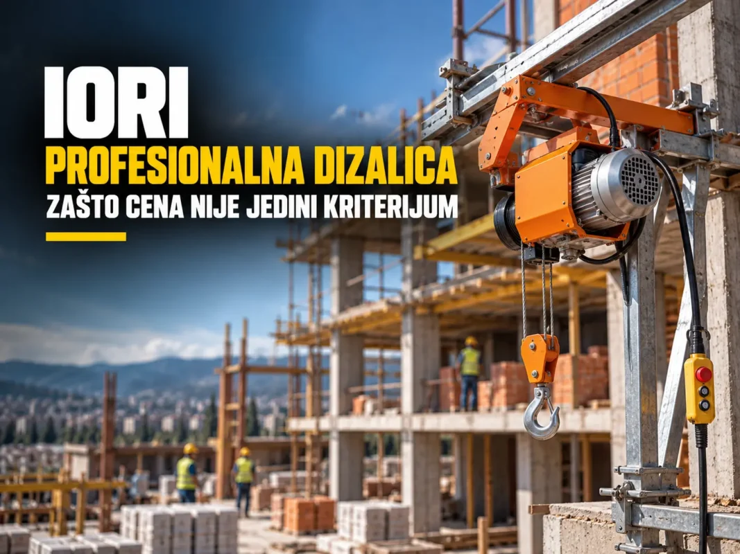 Ilustracija profesionalne električne građevinske dizalice na gradilištu uz temu izbora odgovarajuće opreme.